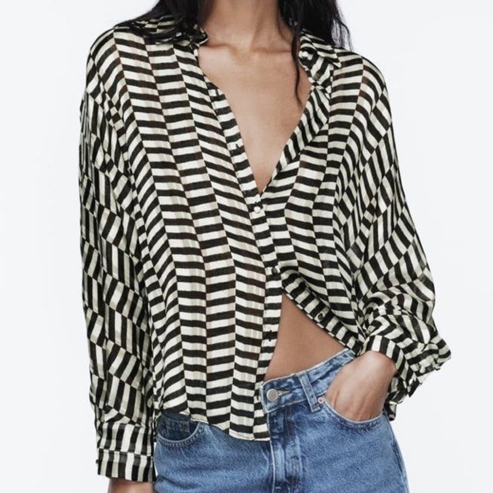Zara Black and White Striped Button-Up Blouse